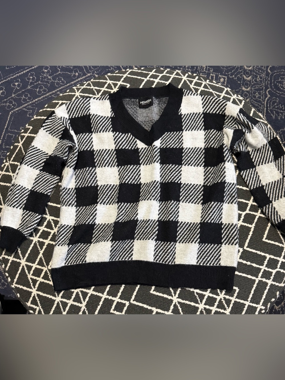 Hemish Black White Buffalo Plaid Sweater XL Heavyweight